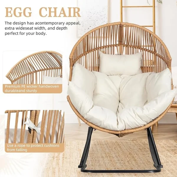 Wicker Egg Chair PE Rattan Chair with Cushion,Oversized Patio Lounge Chair for Outdoor, Indoor, Balcony, Backyard, Garden, Beige - Image 4