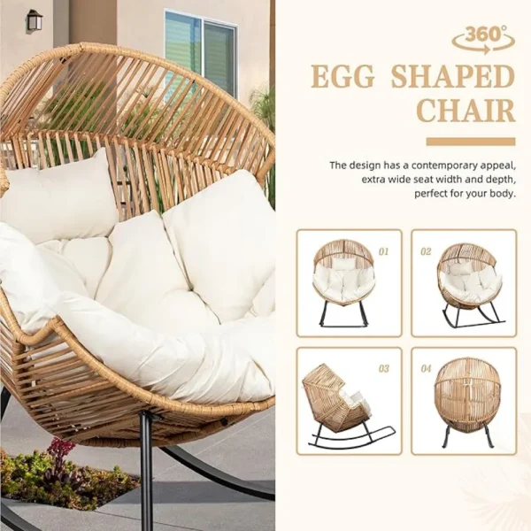 Wicker Egg Chair PE Rattan Chair with Cushion,Oversized Patio Lounge Chair for Outdoor, Indoor, Balcony, Backyard, Garden, Beige - Image 5