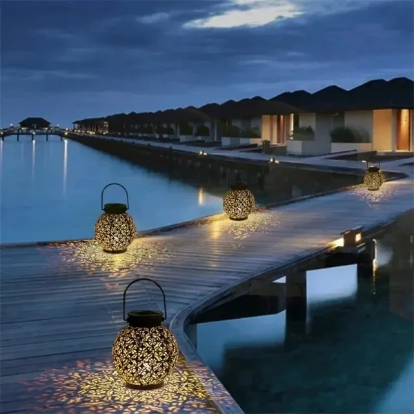 LED Solar Lantern Light Hollow Wrought Iron Projection Light Hanging Lamps Outdoor Waterproof Yard Garden Art Decoration - Image 2