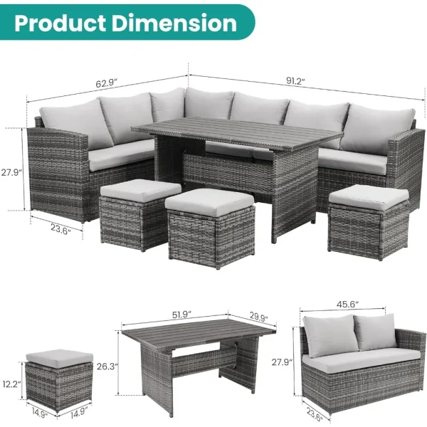 7 Pieces Outdoor Patio Furniture with Dining Table&Chair, Wicker Conversation Set with Ottoman,Grey (Include Sofa Dust Cover) - Image 6