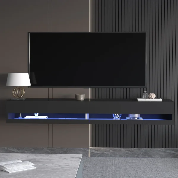 71" Floating TV Stand for 75/80" TV, Wall Mounted LED TV Stand w/Power Outlets, Modern High Gloss Media Console, White/Black - Image 2
